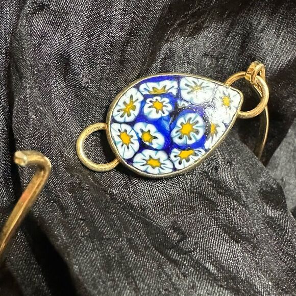 Blue Floral Mille Fiori Enamel and Gold tone Bracelet Bangle - Picture 13 of 13